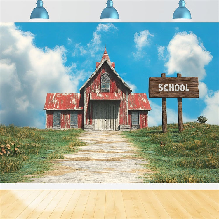 Back To School Photo Backdrop Rustic Red Roof School Backdrop CSH3-31