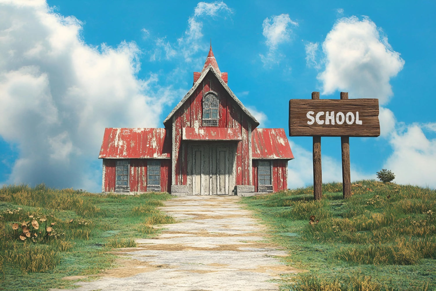 Back To School Photo Backdrop Rustic Red Roof School Backdrop CSH3-31