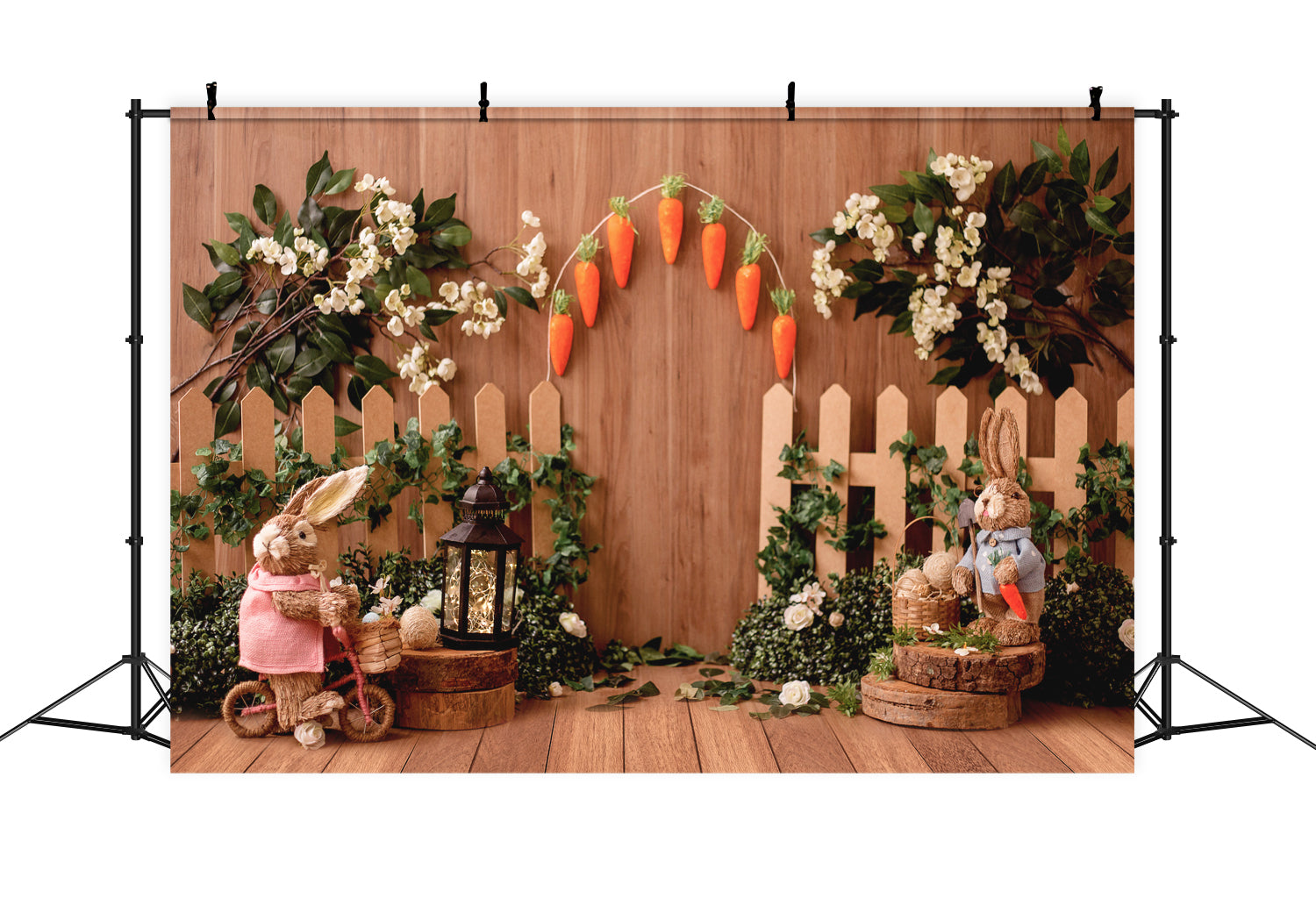 Vintage Wood Bunny Flowers Easter Backdrop D1074