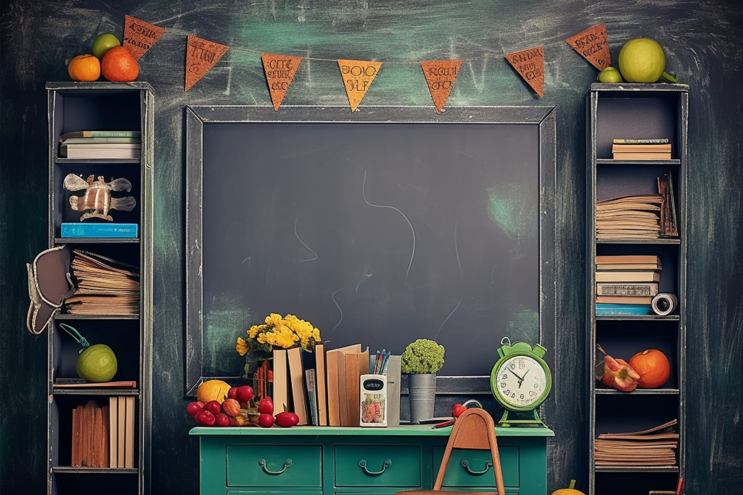 Clock Fruits On Desk Back to School Backdrop DBD7-50