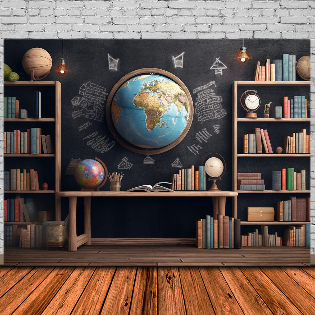 Bookshelf Globes Back to School Backdrop DBD7-84