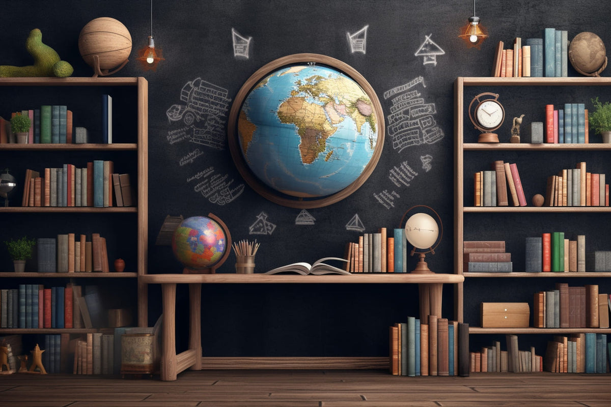 Bookshelf Globes Back to School Backdrop DBD7-84