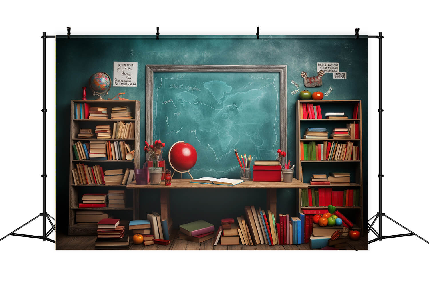 Back to School Chalkboard Bookshelf Globe Backdrop DBD7-87