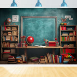 Back to School Chalkboard Bookshelf Globe Backdrop DBD7-87