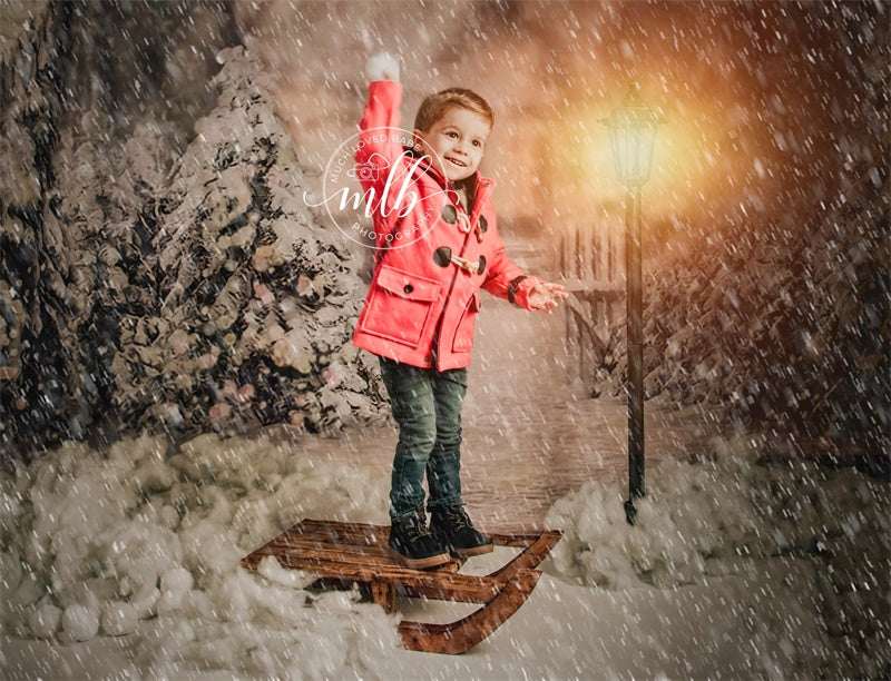 Winter Snow Christmas Tree Bokeh Photo Studio Backdrop  G-1194