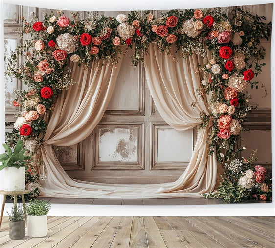 Mothers Day Backdrops Rustic Curtain Blooming Rose Backdrop GQ2-111