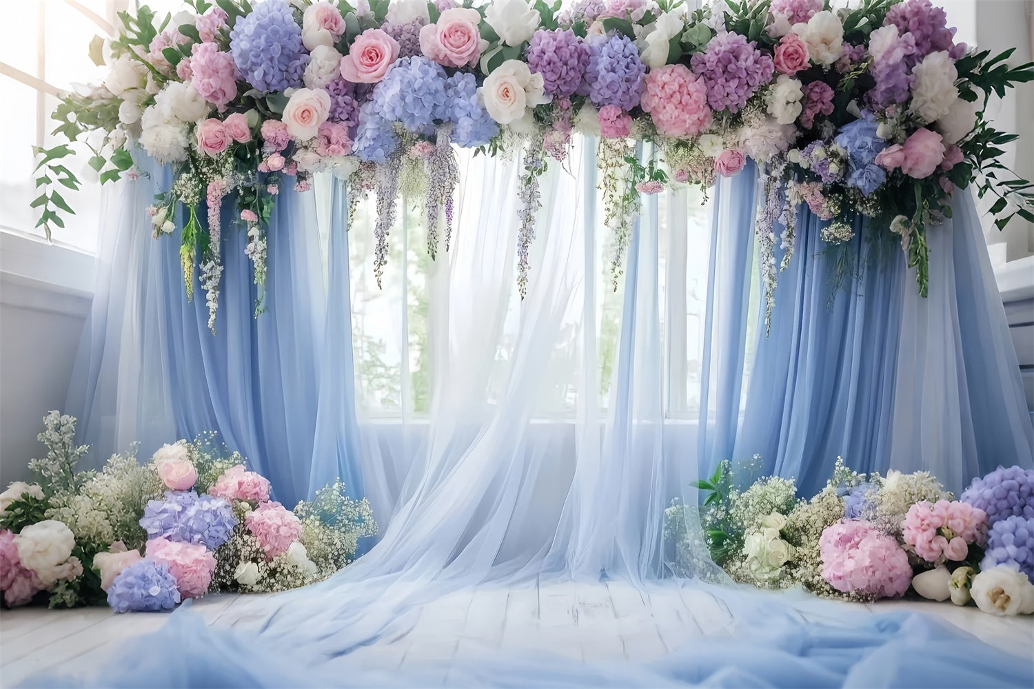 Mother's Day Backdrops Blue Floral Window Drapery Backdrop GQ2-113