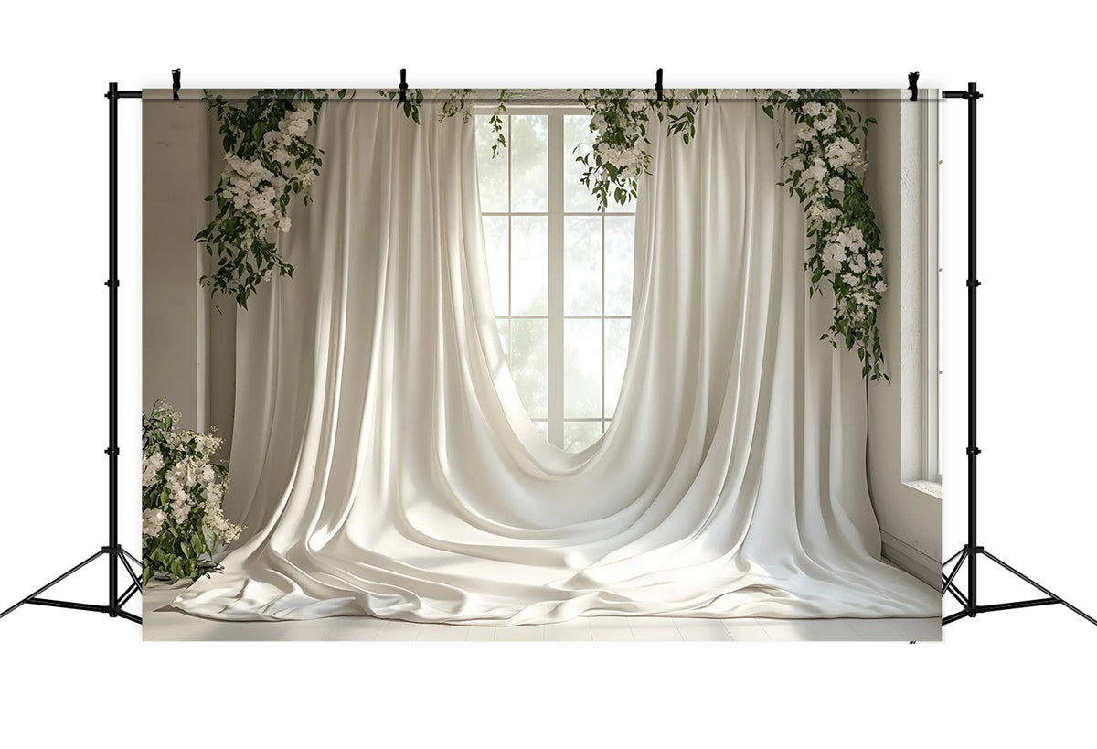 Mothers Day Photo Backdrop Soft Greenery White Drapery Backdrop GQ2-115