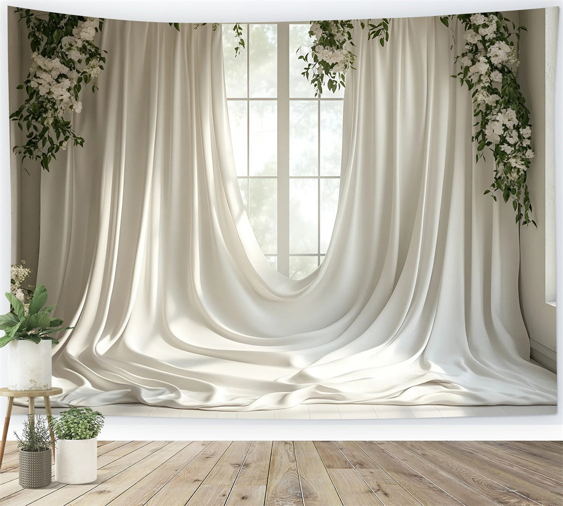 Mothers Day Photo Backdrop Soft Greenery White Drapery Backdrop GQ2-115