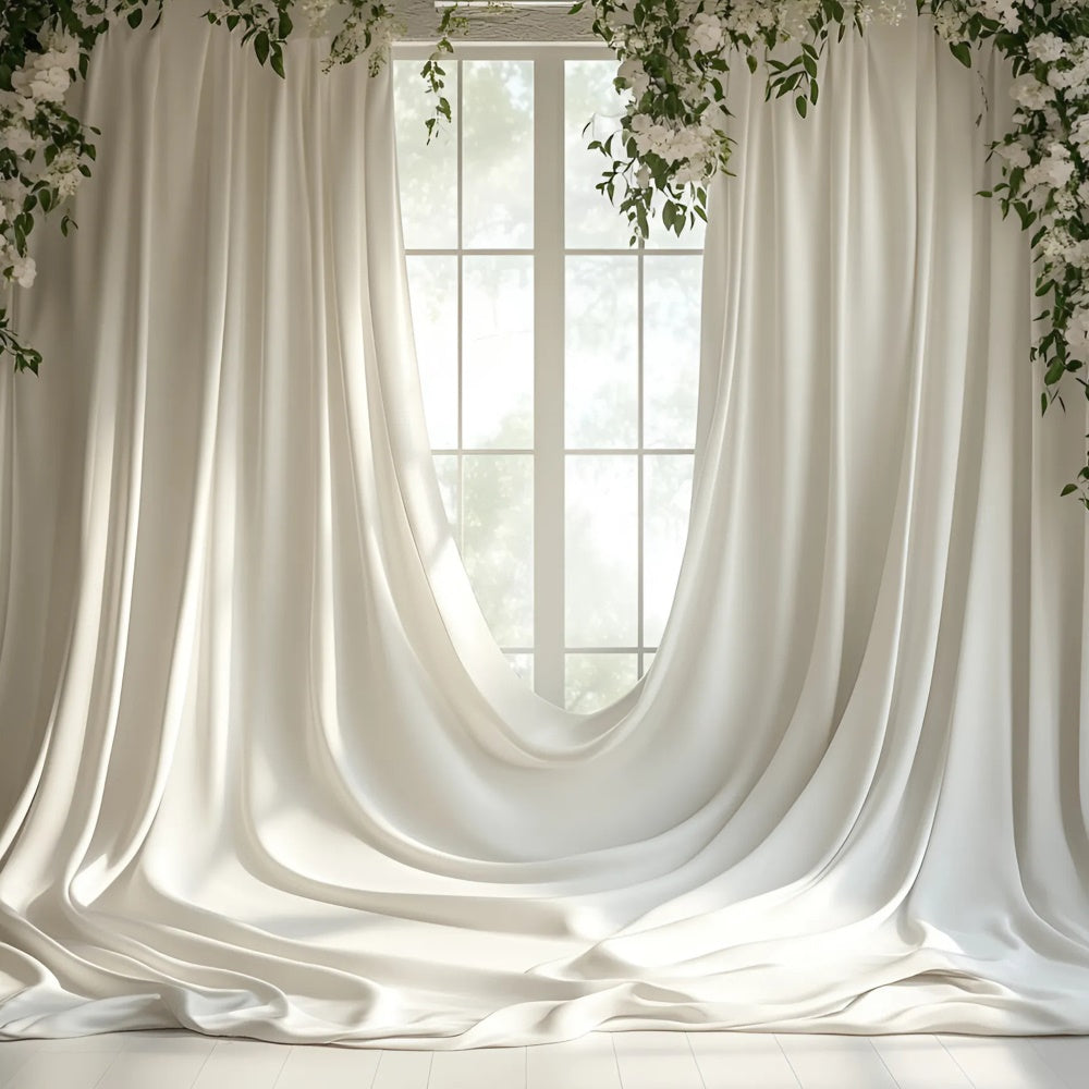 Mothers Day Photo Backdrop Soft Greenery White Drapery Backdrop GQ2-115