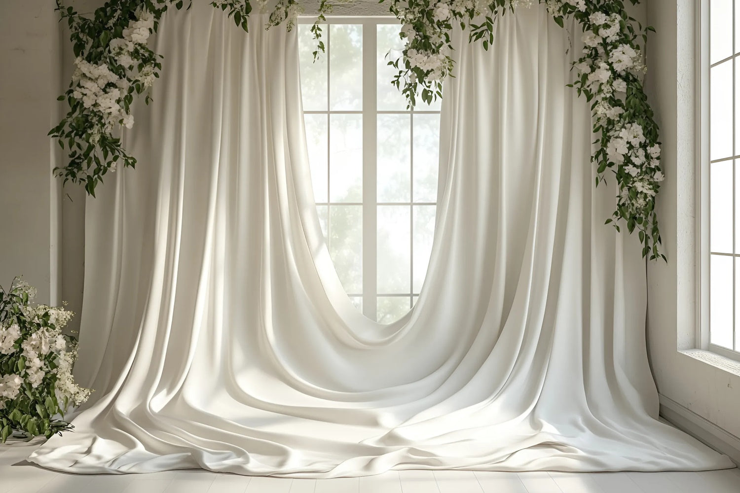 Mothers Day Photo Backdrop Soft Greenery White Drapery Backdrop GQ2-115