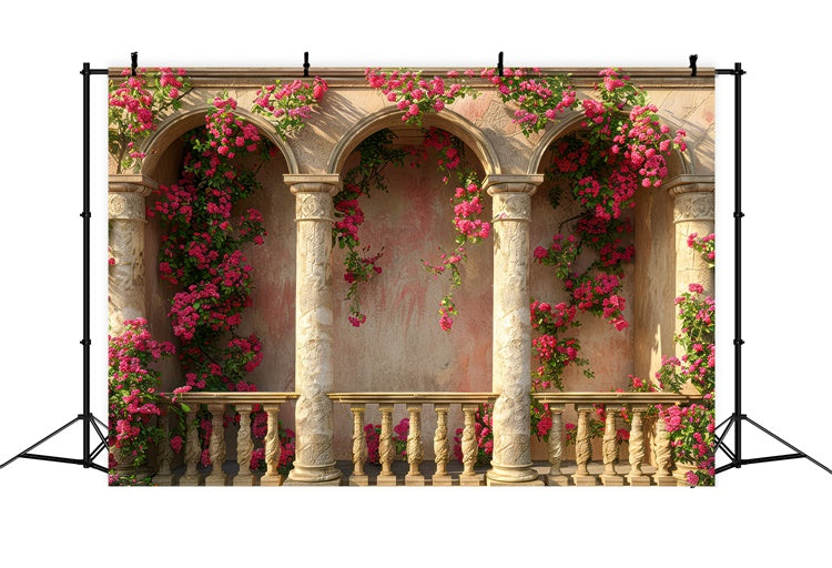 Backdrops For Mothers Day Pink Floral Stone Columns Backdrop GQ2-153