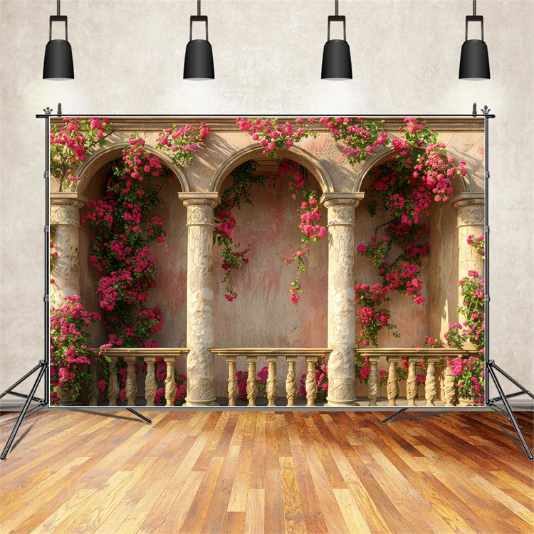 Backdrops For Mothers Day Pink Floral Stone Columns Backdrop GQ2-153