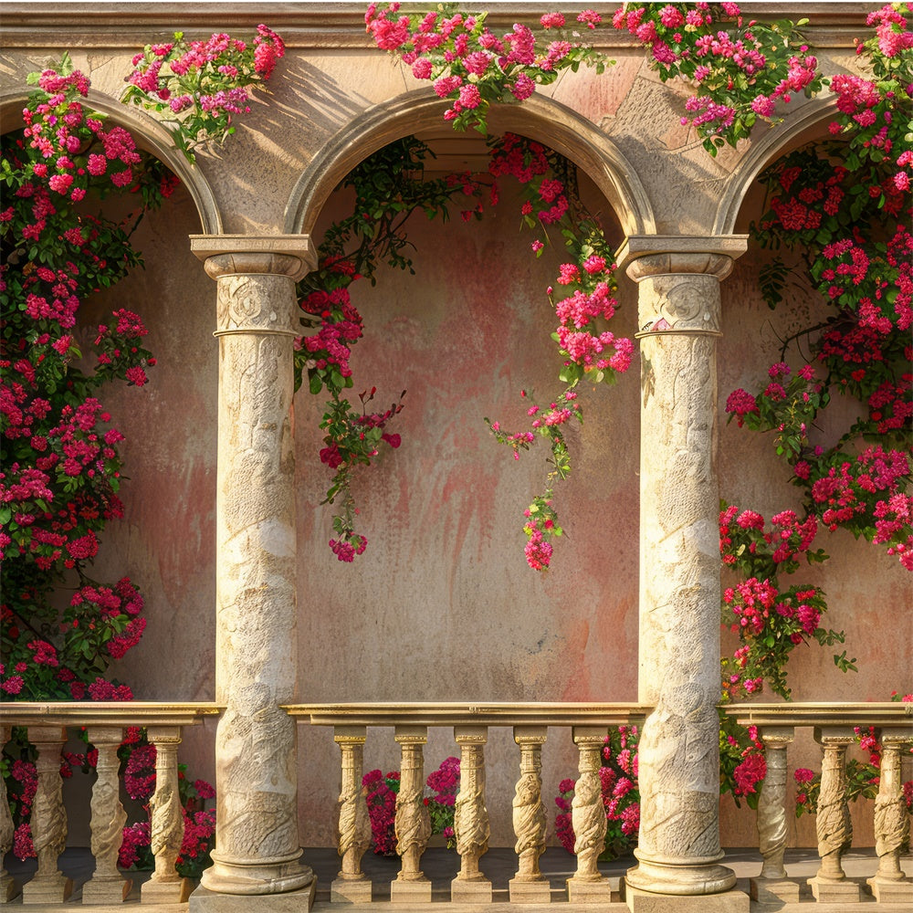 Backdrops For Mothers Day Pink Floral Stone Columns Backdrop GQ2-153