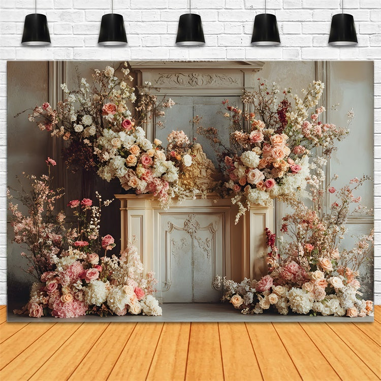 Mothers Day Photo Backdrop Pink Rose Garden Fireplace Backdrop GQ2-159