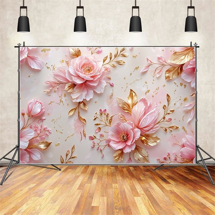 Mothers Day Photo Backdrop Golden Leaf Pink Flower Backdrop GQ2-169