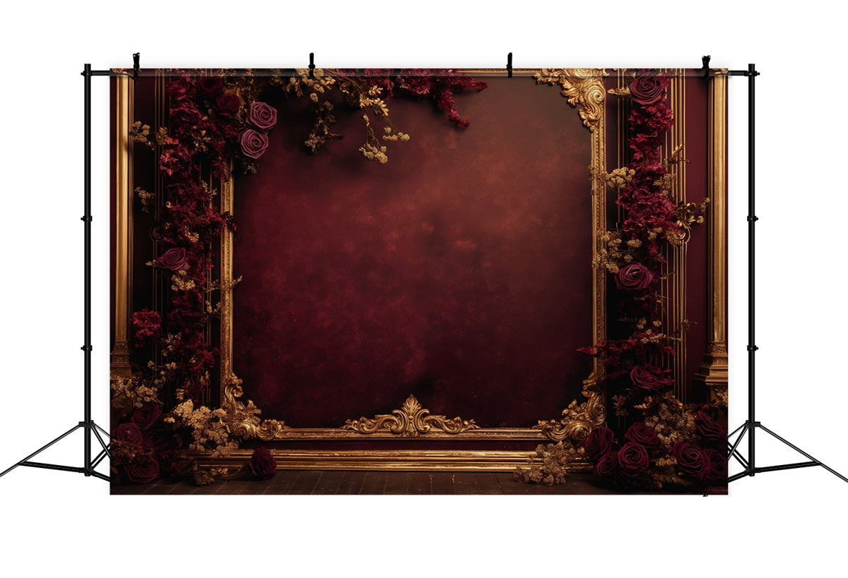 Mothers Day Photo Backdrop Dark Red Rose Golden Frame Backdrop GQ2-189