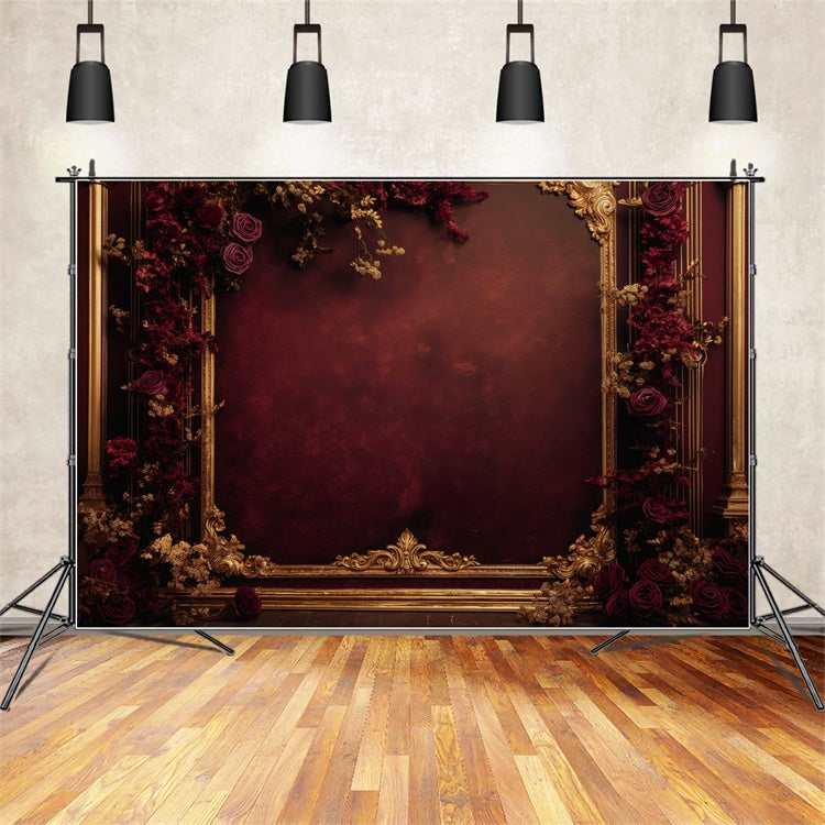 Mothers Day Photo Backdrop Dark Red Rose Golden Frame Backdrop GQ2-189