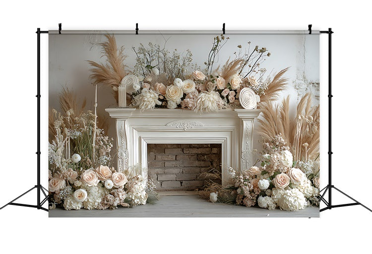 Backdrops For Mother's Day Vintage Fireplace Beige Rose Backdrop GQ2-195