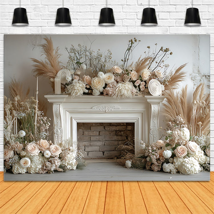 Backdrops For Mother's Day Vintage Fireplace Beige Rose Backdrop GQ2-195