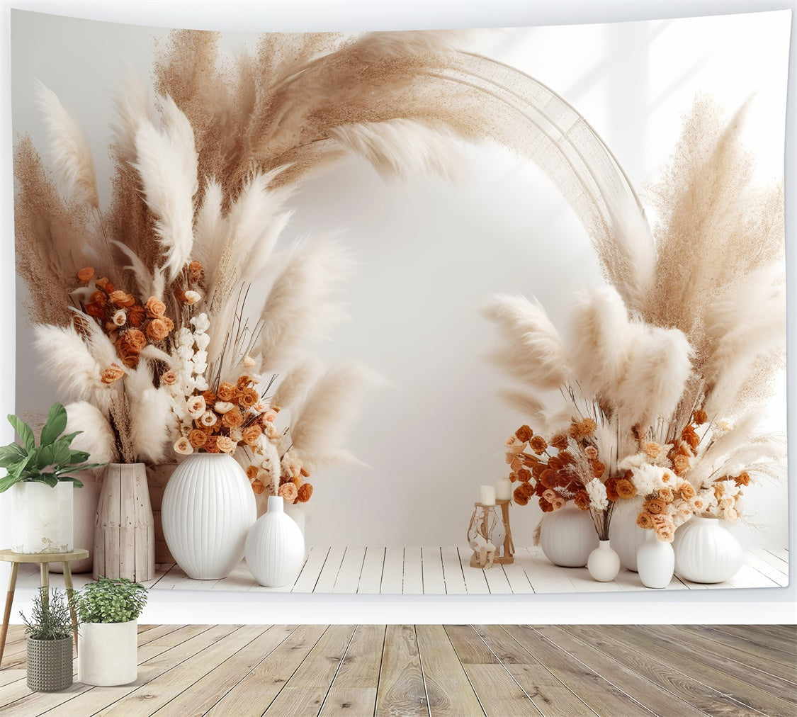 Boho Arch Backdrop Soft Tan Floral White Vases Backdrop GQ2-2