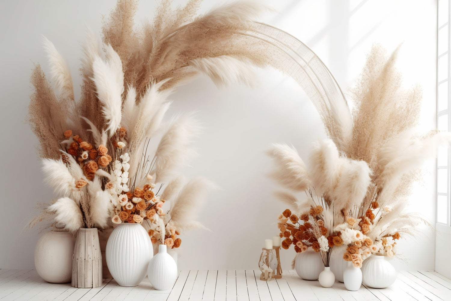 Boho Arch Backdrop Soft Tan Floral White Vases Backdrop GQ2-2