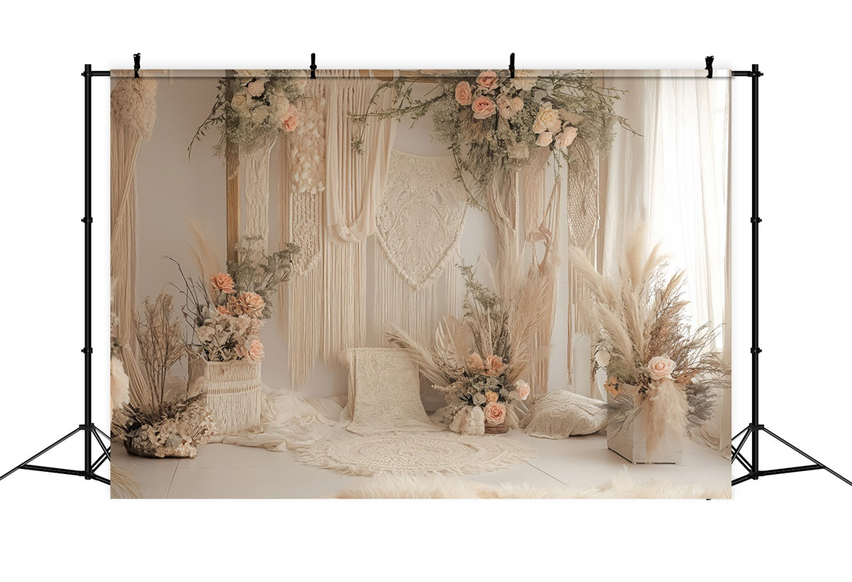 Boho Photo Backdrop Dreamy Macrame Pink Roses Backdrop GQ2-21