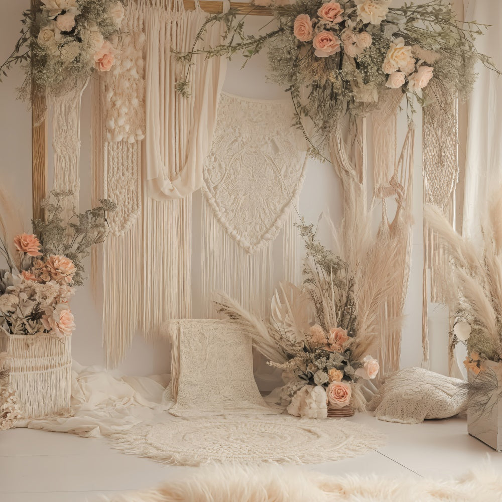 Boho Photo Backdrop Dreamy Macrame Pink Roses Backdrop GQ2-21