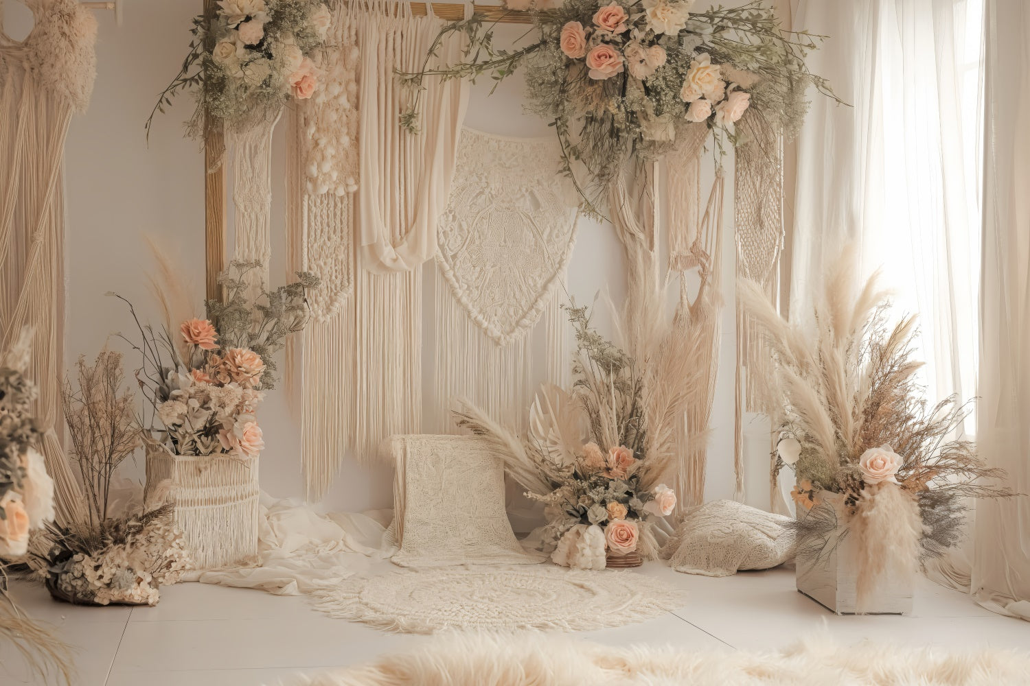 Boho Photo Backdrop Dreamy Macrame Pink Roses Backdrop GQ2-21