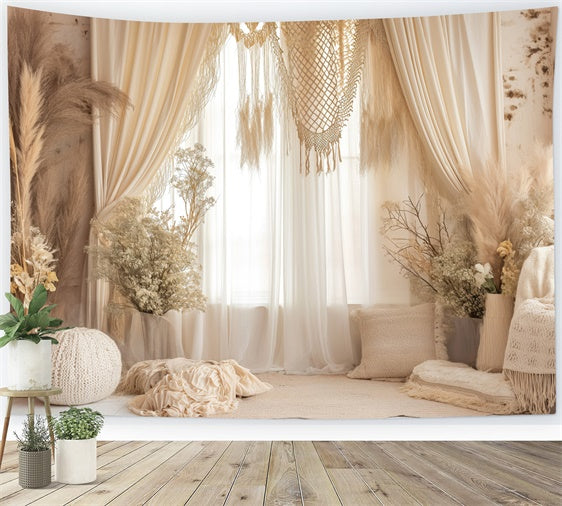 Bohemian Backdrop Cream Curtain Beige Macrame Backdrop GQ2-26