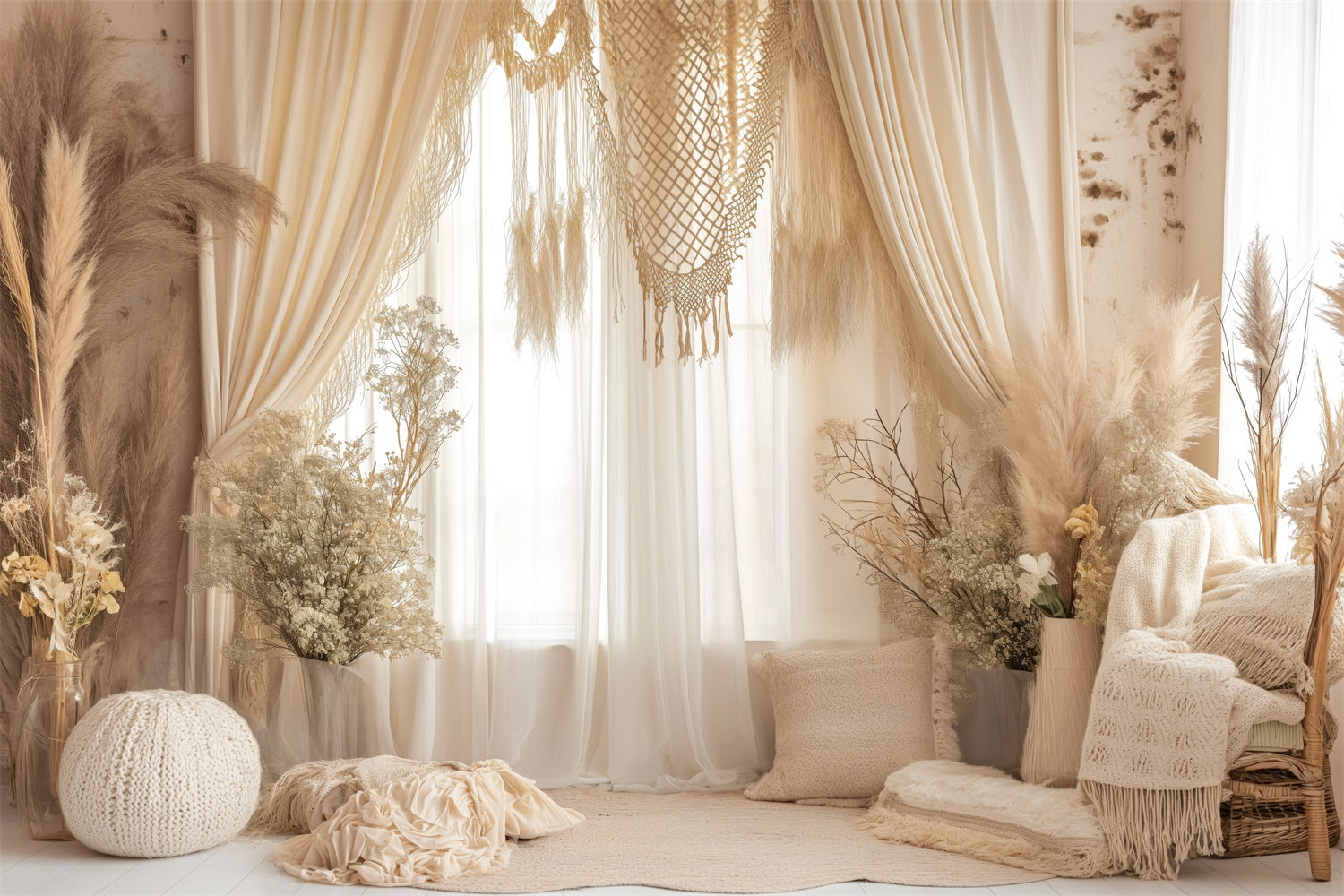 Bohemian Backdrop Cream Curtain Beige Macrame Backdrop GQ2-26