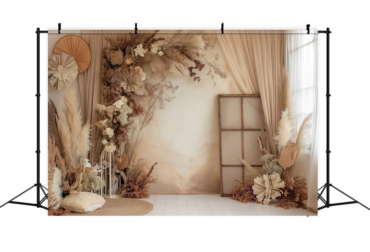 Boho Photo Backdrop Warm Beige Pampas Floral Backdrop GQ2-28