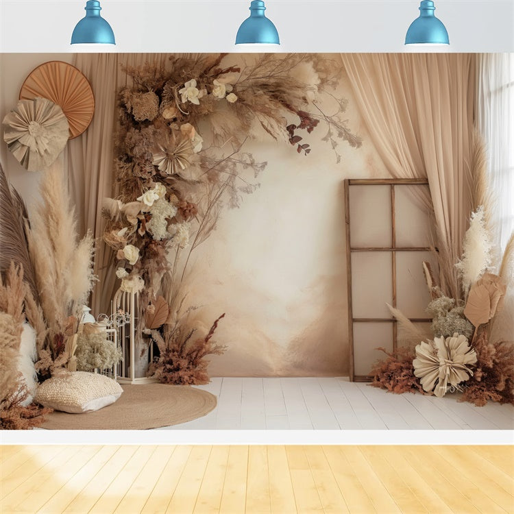 Boho Photo Backdrop Warm Beige Pampas Floral Backdrop GQ2-28