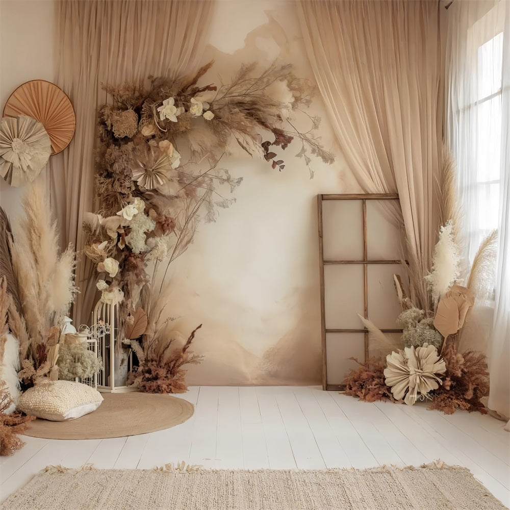 Boho Photo Backdrop Warm Beige Pampas Floral Backdrop GQ2-28