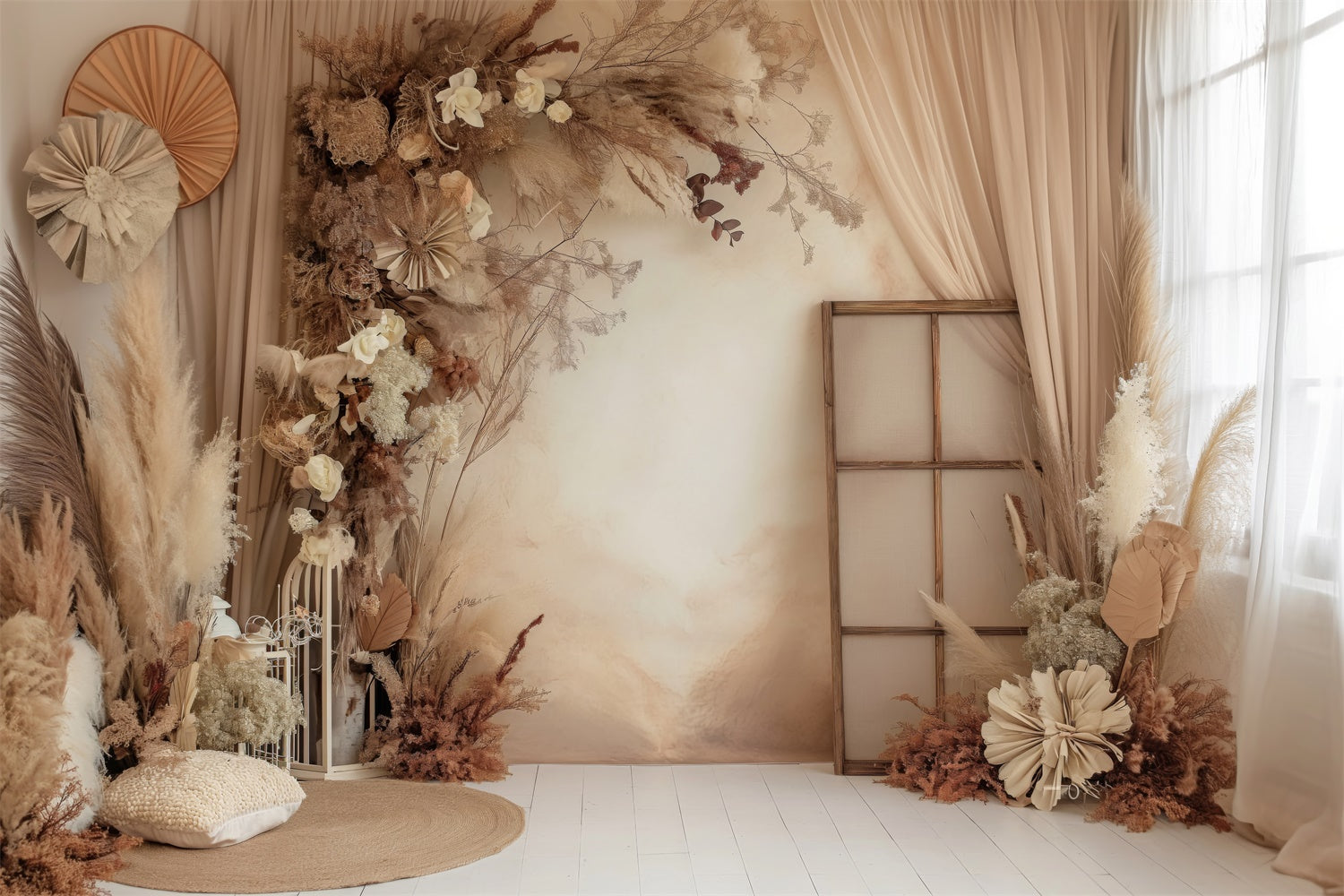 Boho Photo Backdrop Warm Beige Pampas Floral Backdrop GQ2-28