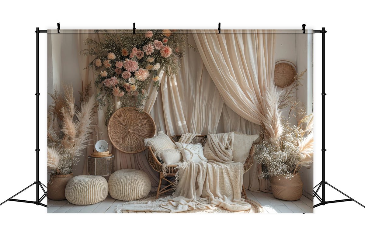 Boho Backdrop Warm Beige Macrame Dreamy Floral Backdrop GQ2-29