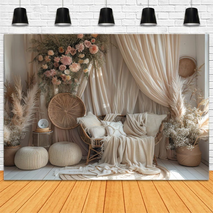 Boho Backdrop Warm Beige Macrame Dreamy Floral Backdrop GQ2-29