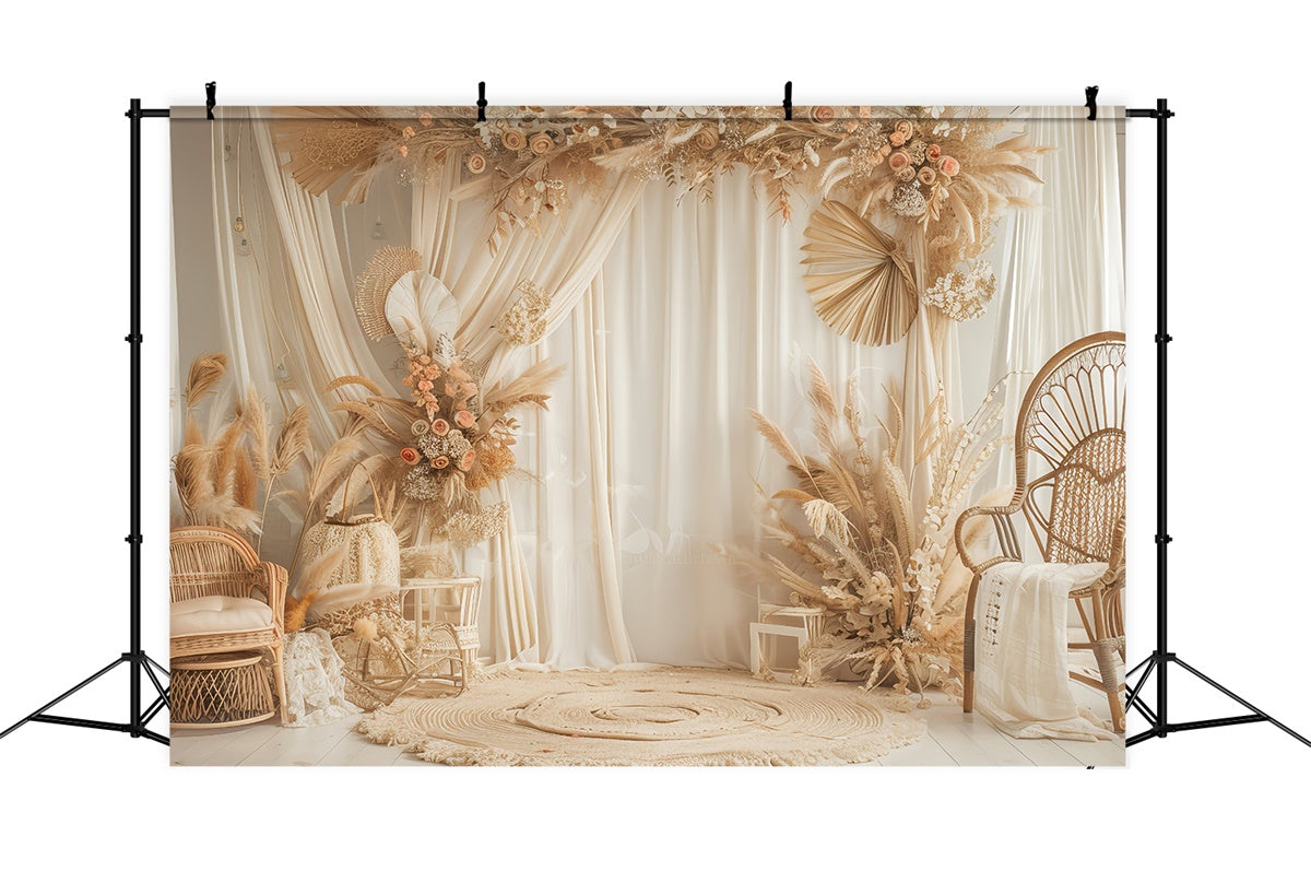 Boho Photo Backdrop Elegant Rattan Chair Floral Backdrop GQ2-38