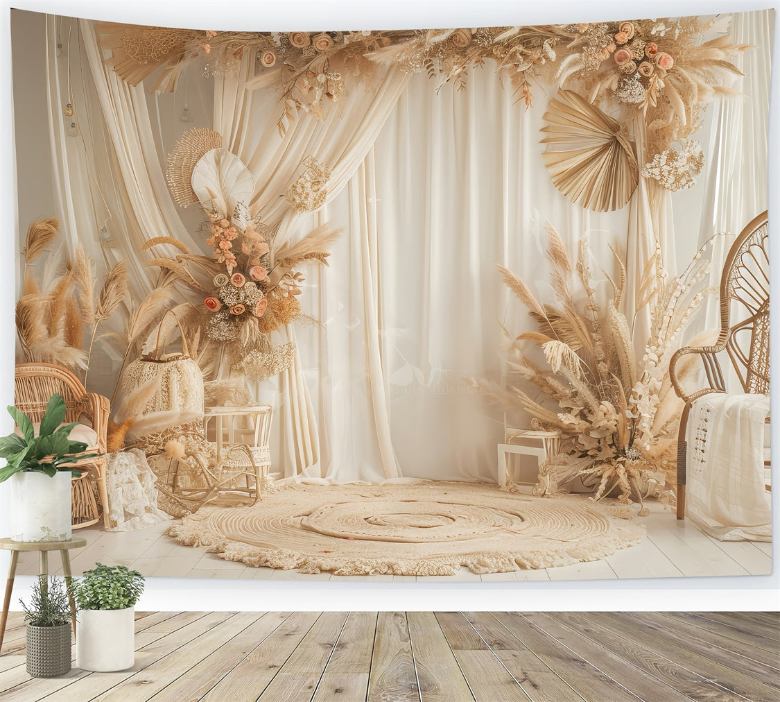 Boho Photo Backdrop Elegant Rattan Chair Floral Backdrop GQ2-38