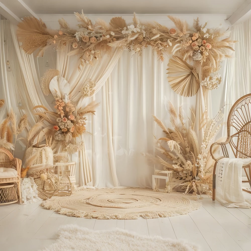 Boho Photo Backdrop Elegant Rattan Chair Floral Backdrop GQ2-38