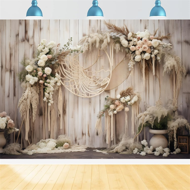 Boho Photo Backdrop Rustic Floral Wooden Arch Backdrop GQ2-4