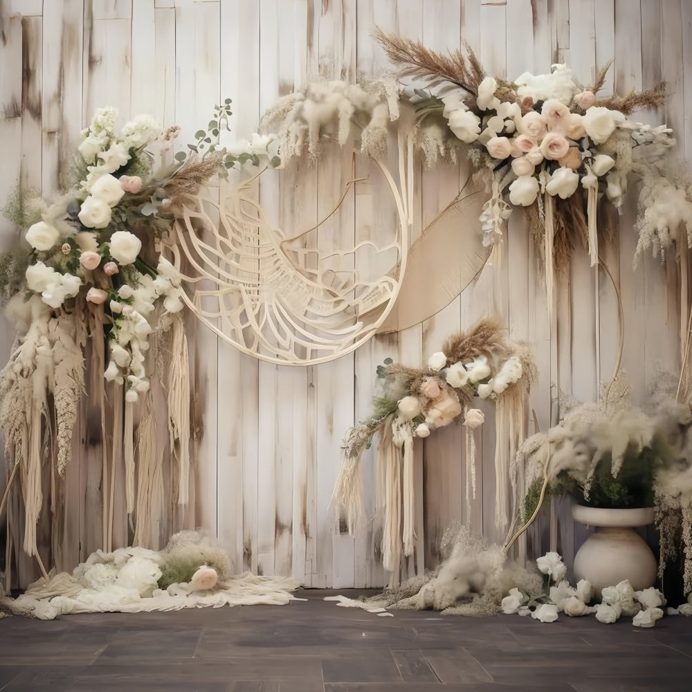 Boho Photo Backdrop Rustic Floral Wooden Arch Backdrop GQ2-4