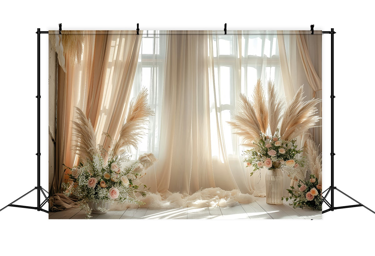 Boho Photo Backdrop Pampas Floral Accents Curtains Backdrop GQ2-43