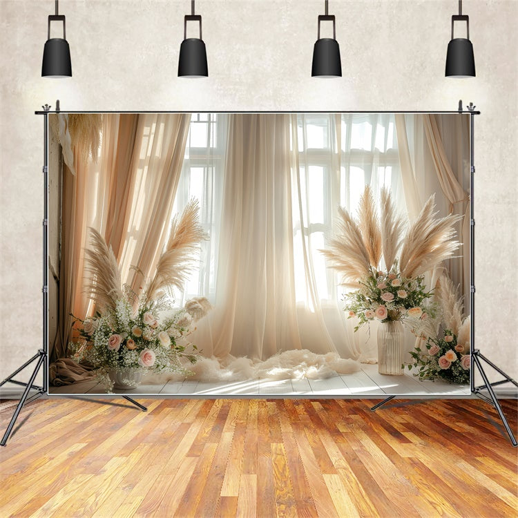 Boho Photo Backdrop Pampas Floral Accents Curtains Backdrop GQ2-43