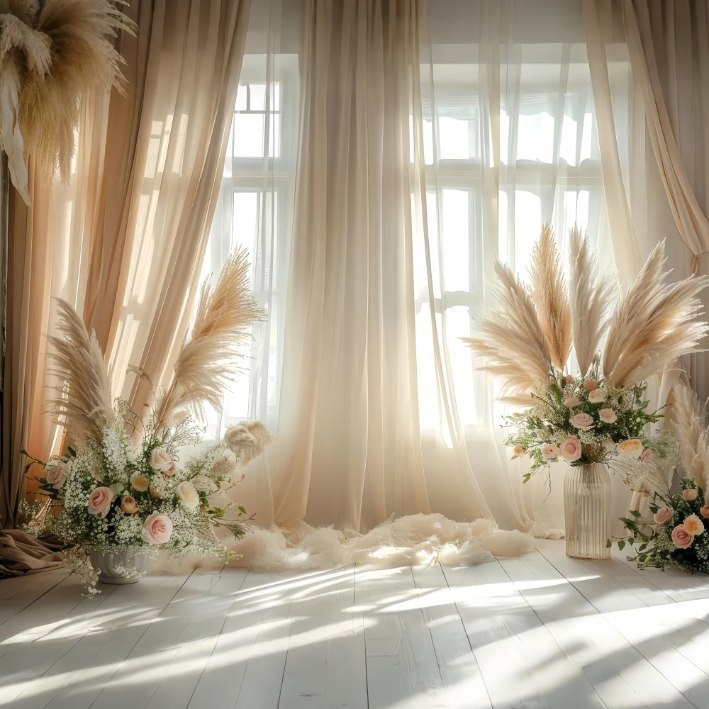 Boho Photo Backdrop Pampas Floral Accents Curtains Backdrop GQ2-43