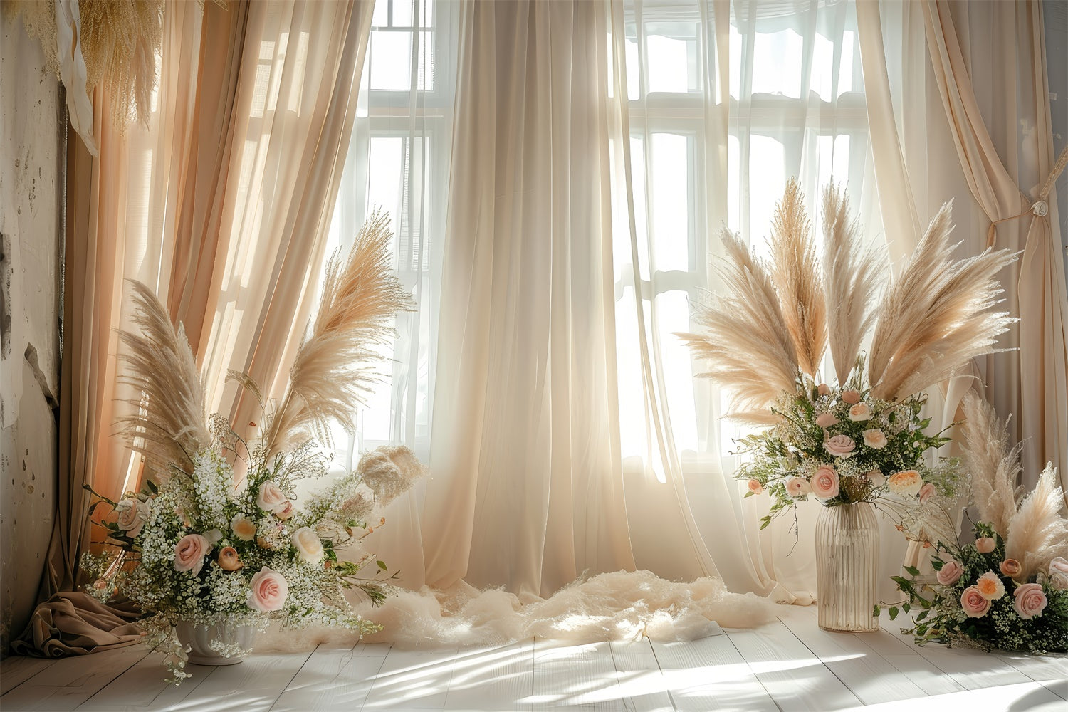 Boho Photo Backdrop Pampas Floral Accents Curtains Backdrop GQ2-43