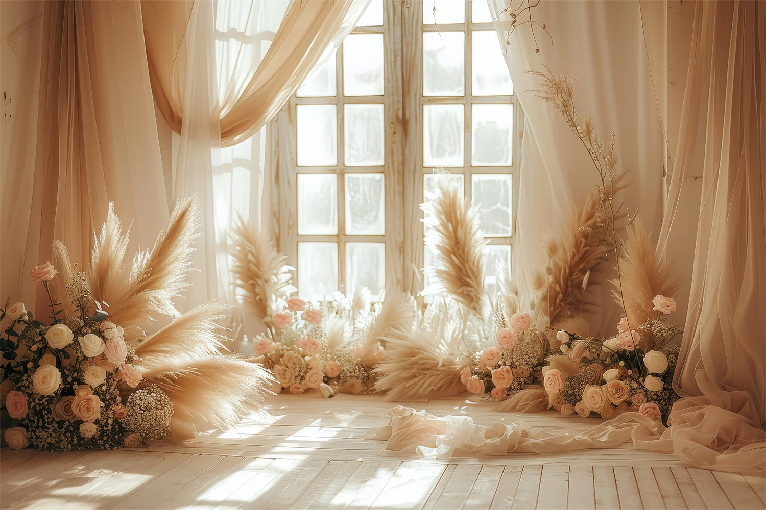 Boho Backdrops Blush Pampas Floral Window Photography Backdrop GQ2-44