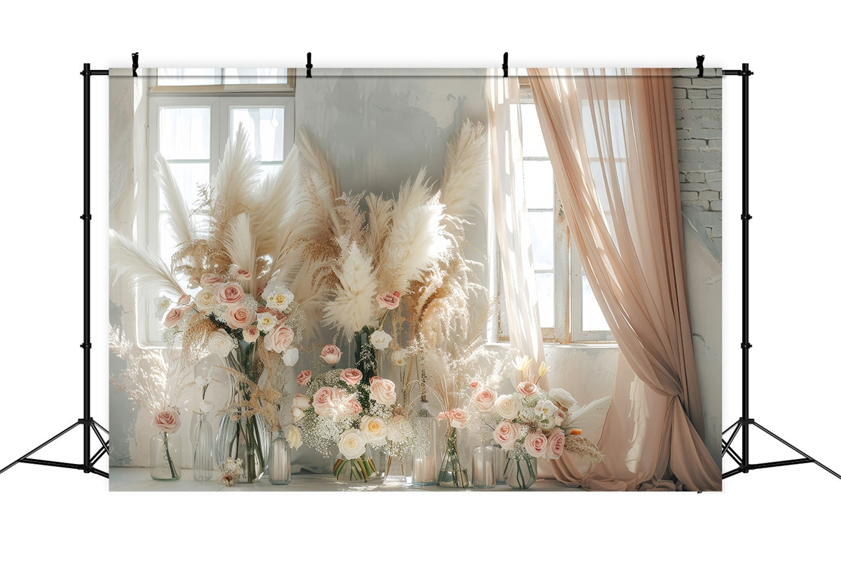 Boho Backdrop Ideas Floral Pampas Curtain Window Backdrop GQ2-45