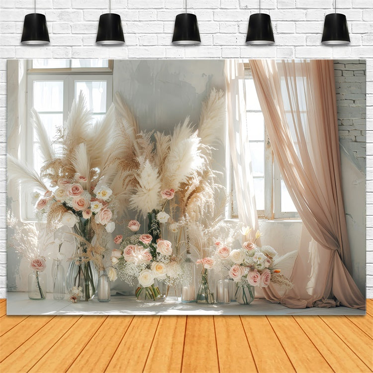 Boho Backdrop Ideas Floral Pampas Curtain Window Backdrop GQ2-45