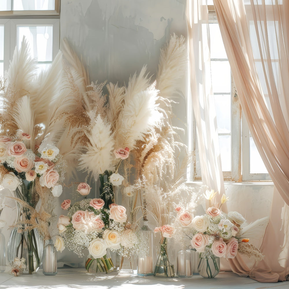 Boho Backdrop Ideas Floral Pampas Curtain Window Backdrop GQ2-45